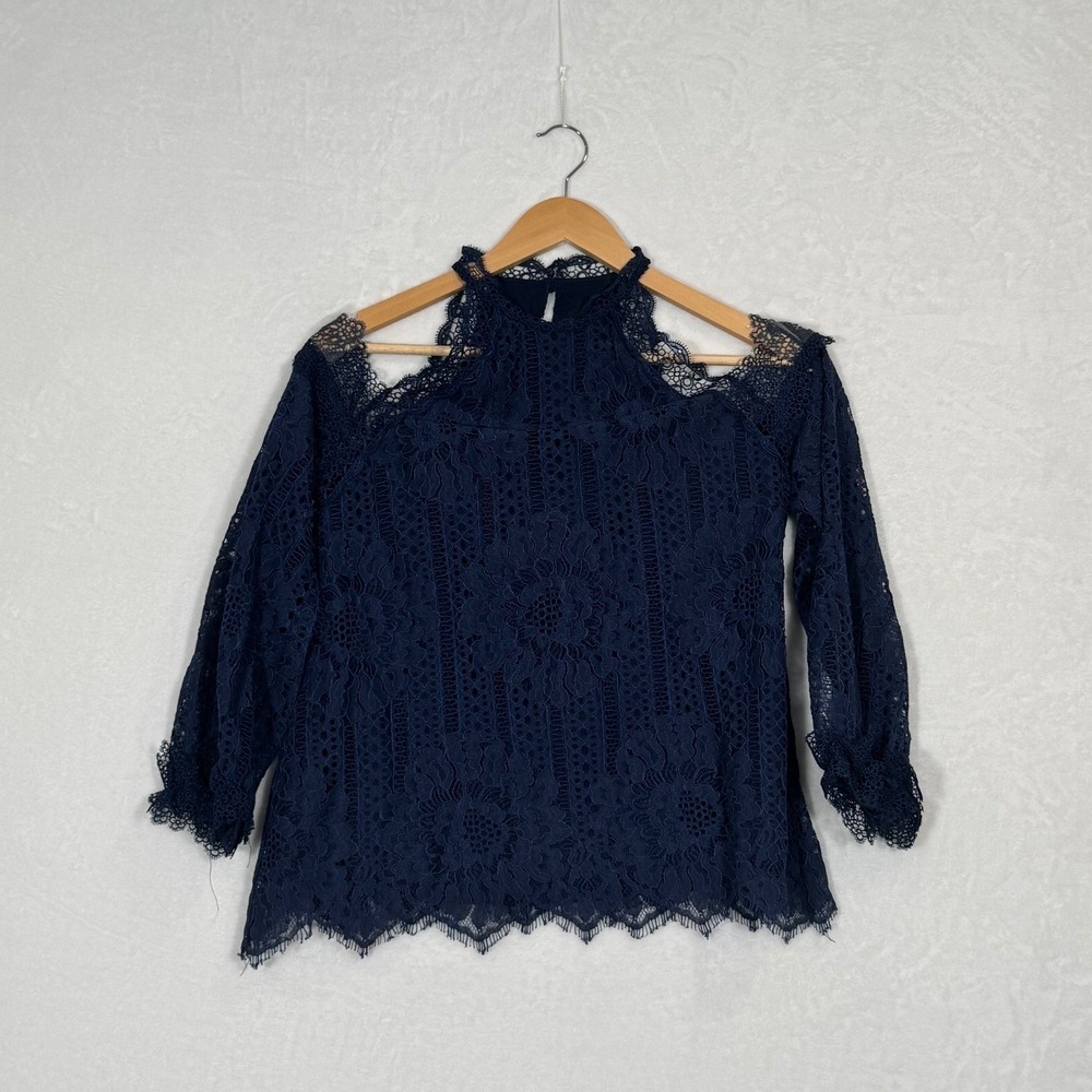 Sugarlips Navy Blue Lace Cold Shoulder Top High Neck Long Sleeve Small